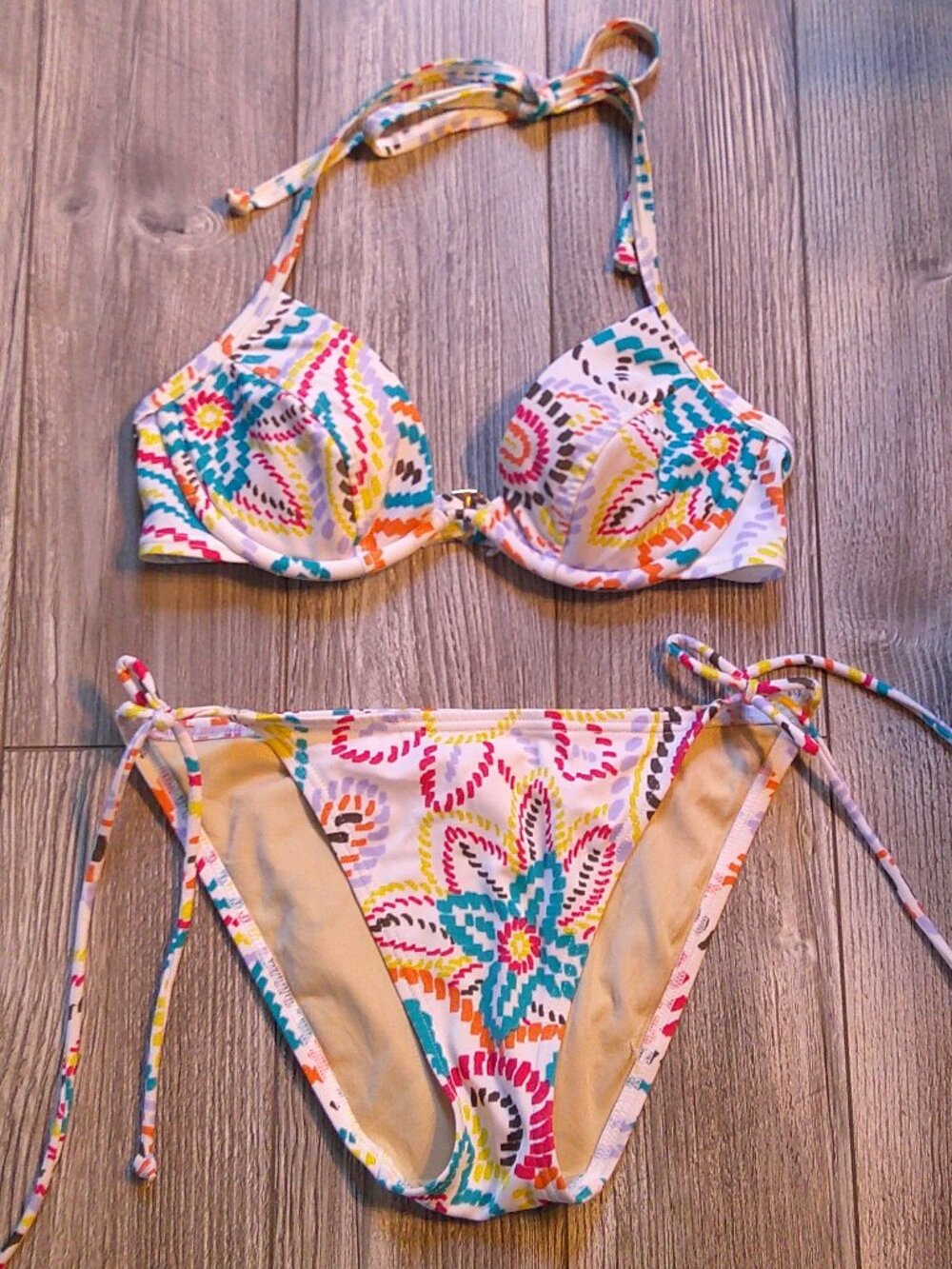 VICTORIA'S SECRET Bold Print 2-Pc BIKINI Underwire Push-Up/Side Ties 34B/Small